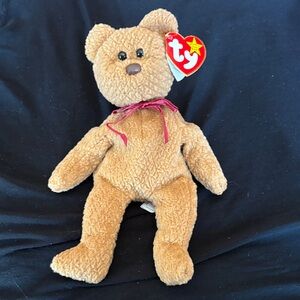 Ty Plush Teddy Bear in Light Brown with Red Ribbon